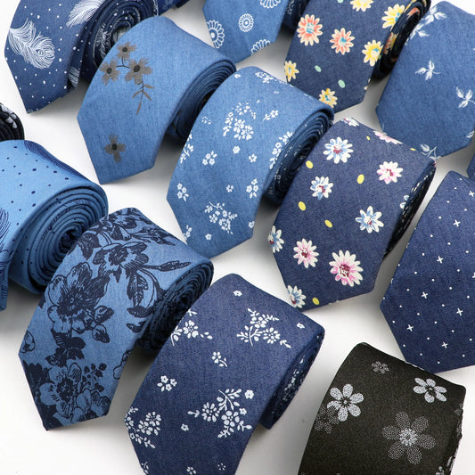 Cotton Denim Ties For Men Floral Feather Dot Blue Neck Tie